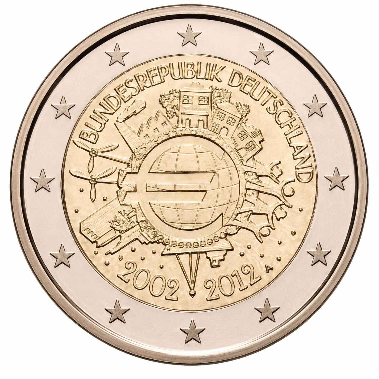 Колекційна монета Німеччина 2 євро 2012 10 років євро UNC (KM#306)