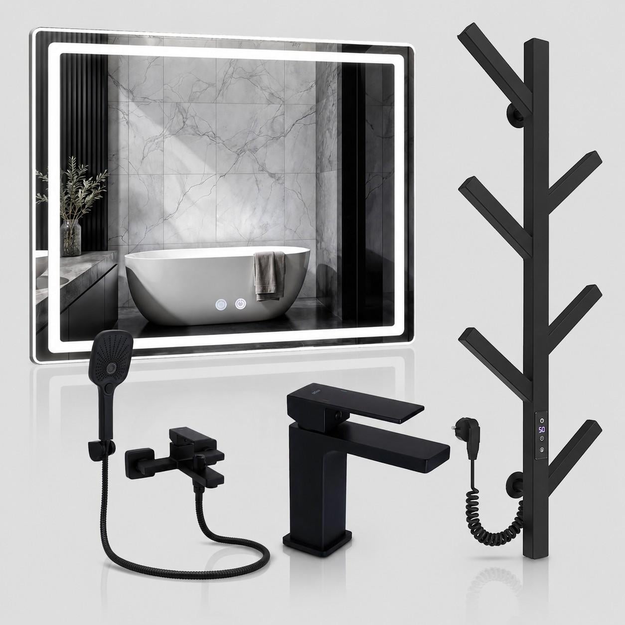 Комплект готовый для ванной комнаты Q-tap ​​Gemini Black полотенцесушитель Ares LED зеркало Mideya 800х700 мм Black