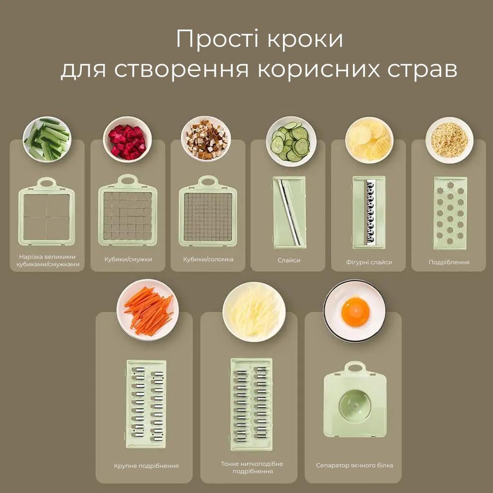 Овочерізкаслайсер 9в1 з кошиком-друшляком 8 насадок - фото 4 Овочерізкаслайсер 9в1 з кошиком-друшляком 8 насадок - фото 4