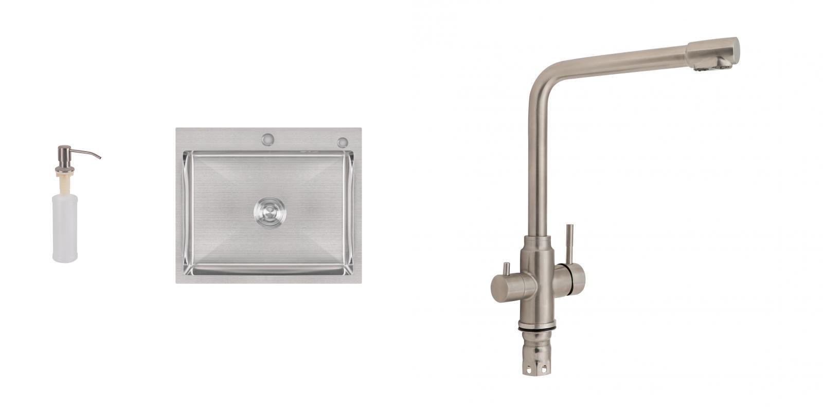 Мийка для кухні з нержавіючої сталі Lidz PWAN6050 4в1 зі змішувачем під осмос та дозатором Сатин (27262575)