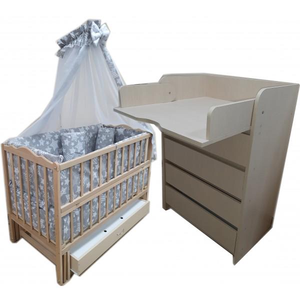 Комплект Малыш Эко: комод Марк Венге светлый/кроватка-маятник без лака без ящика/матрас Кокос/постельный набор