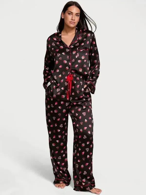 Піжама сатинова сорочка/штани Victoria's Secret Satin Long Pajama Set New Regular М Чорний (2681209D)