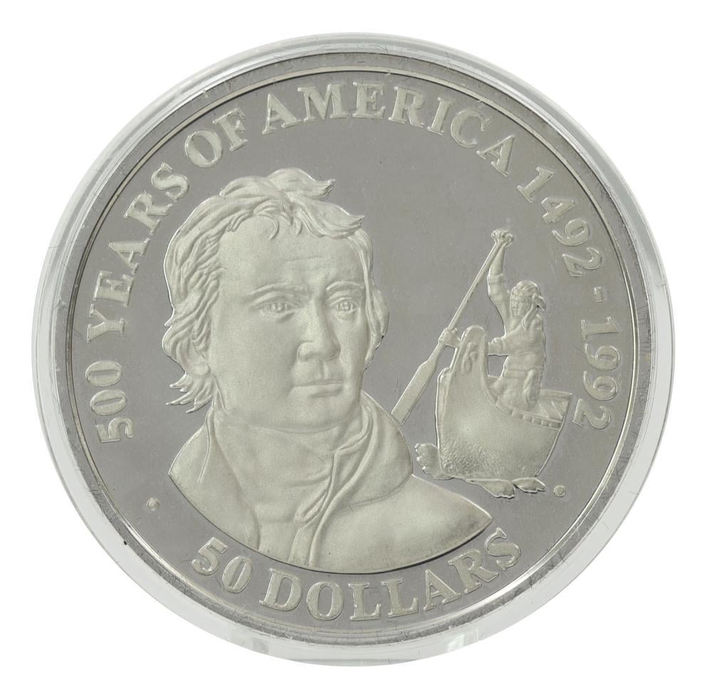 Коллекционная монета Острова Кука 50 долларов 1991 серебро Proof 500 лет Открытие Америки-Александр Маккензи (М22605)