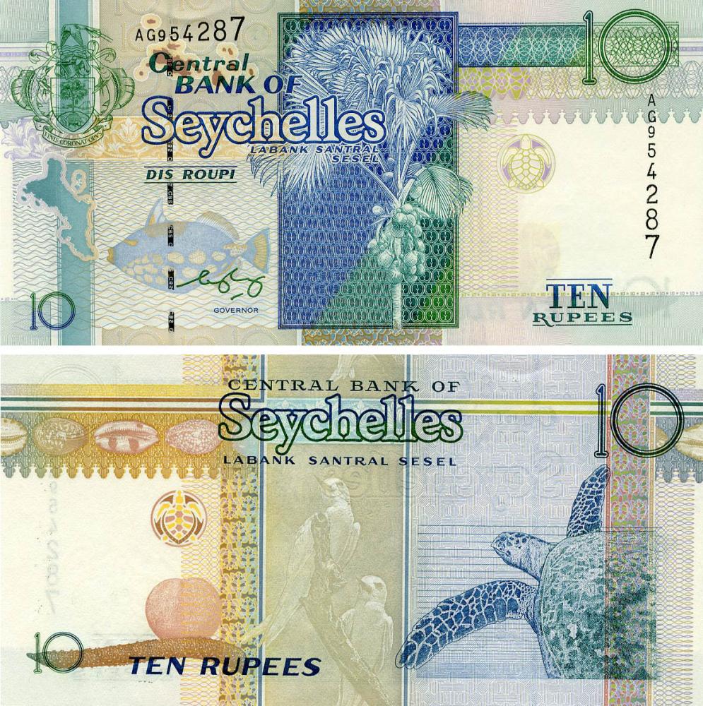 Коллекционная банкнота Сейшельские острова 10 рупий 2005 UNC Птицы Черепаха (P36b) Коллекционная банкнота Сейшельские острова 10 рупий 2005 UNC Птицы Черепаха (P36b)