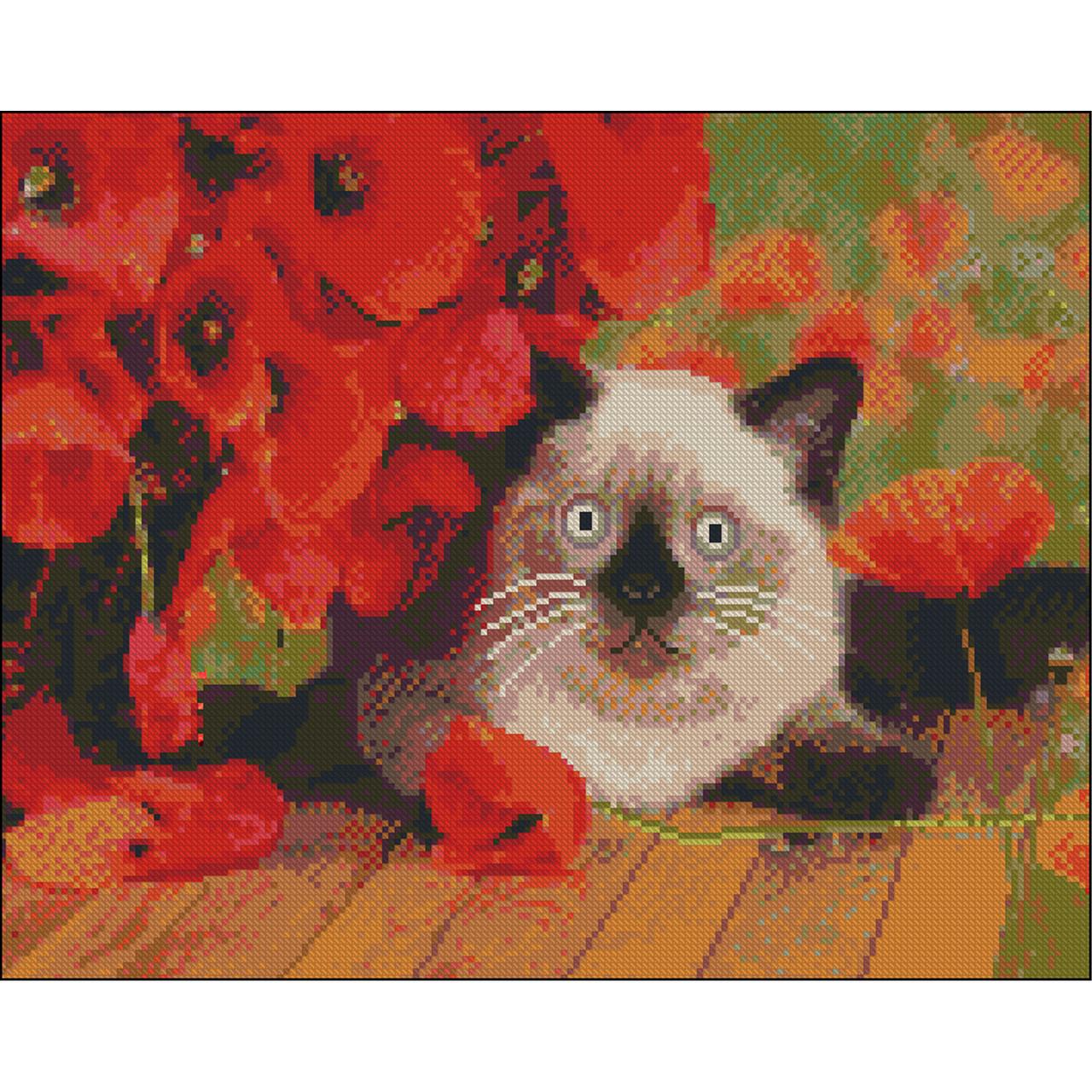 Алмазная мозаика Strateg Кот и маки без подрамника 40х50 см (ZAV4050-32)