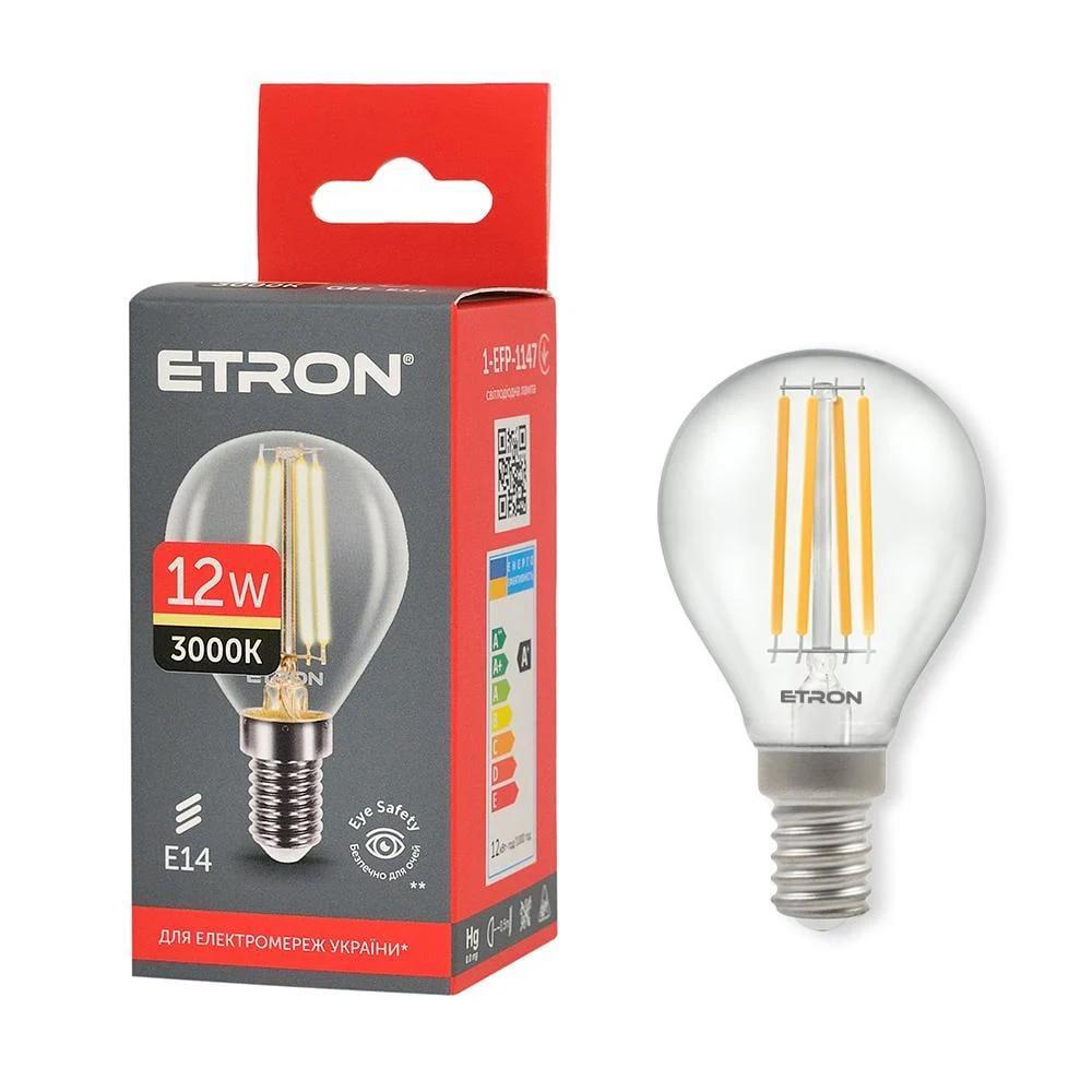 LED-лампа філаментна ETRON 1-EFP-1147 прозора G45 12W 3000K E14 Теплий білий (27844673)