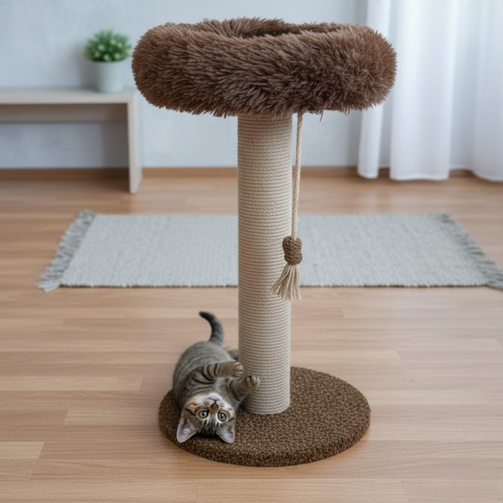 Когтеточка столбик с лежанкой и травой для котов - фото 3