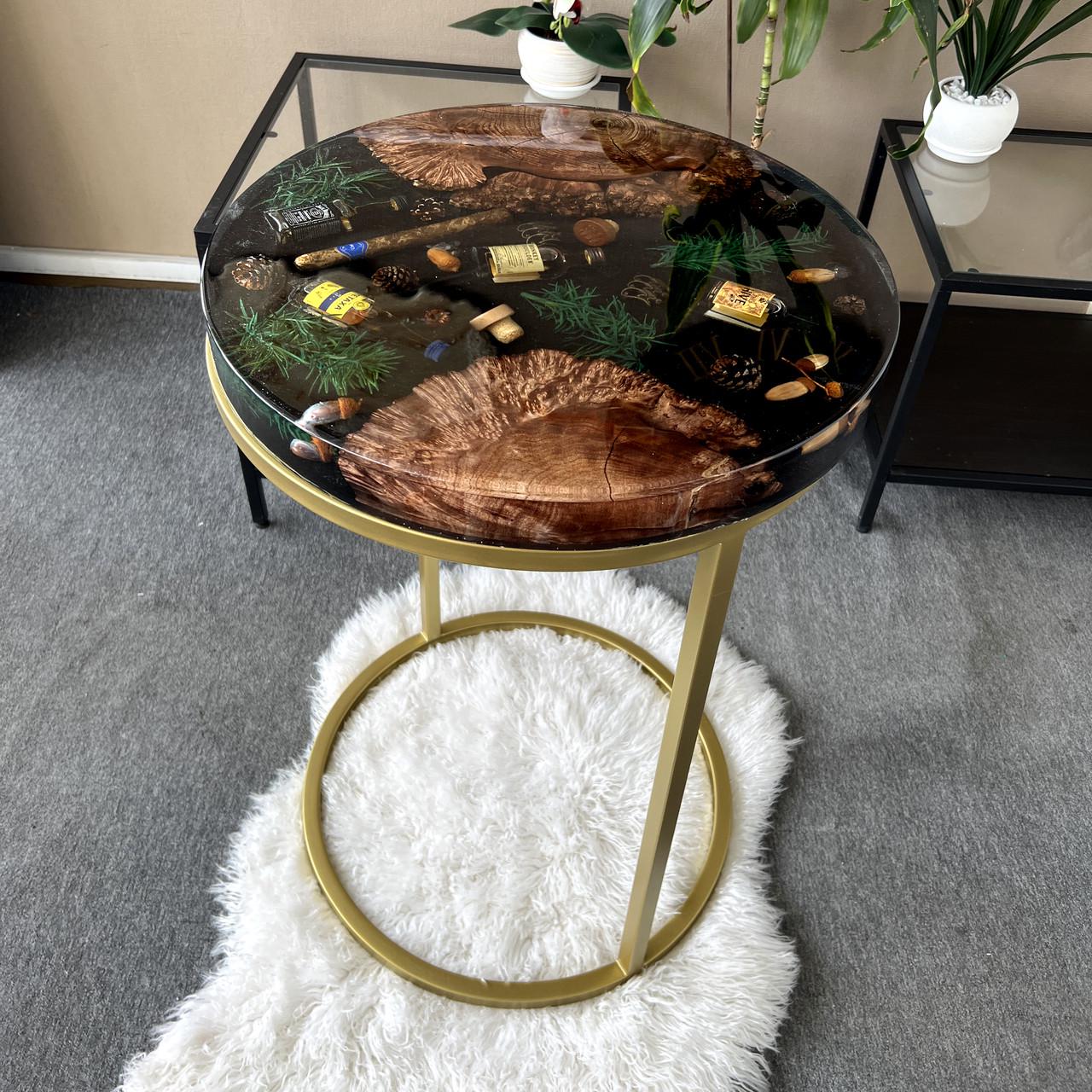 Столик журнальний круглий з епоксидної смоли з каповим деревом APOLLO-24 35x35 см