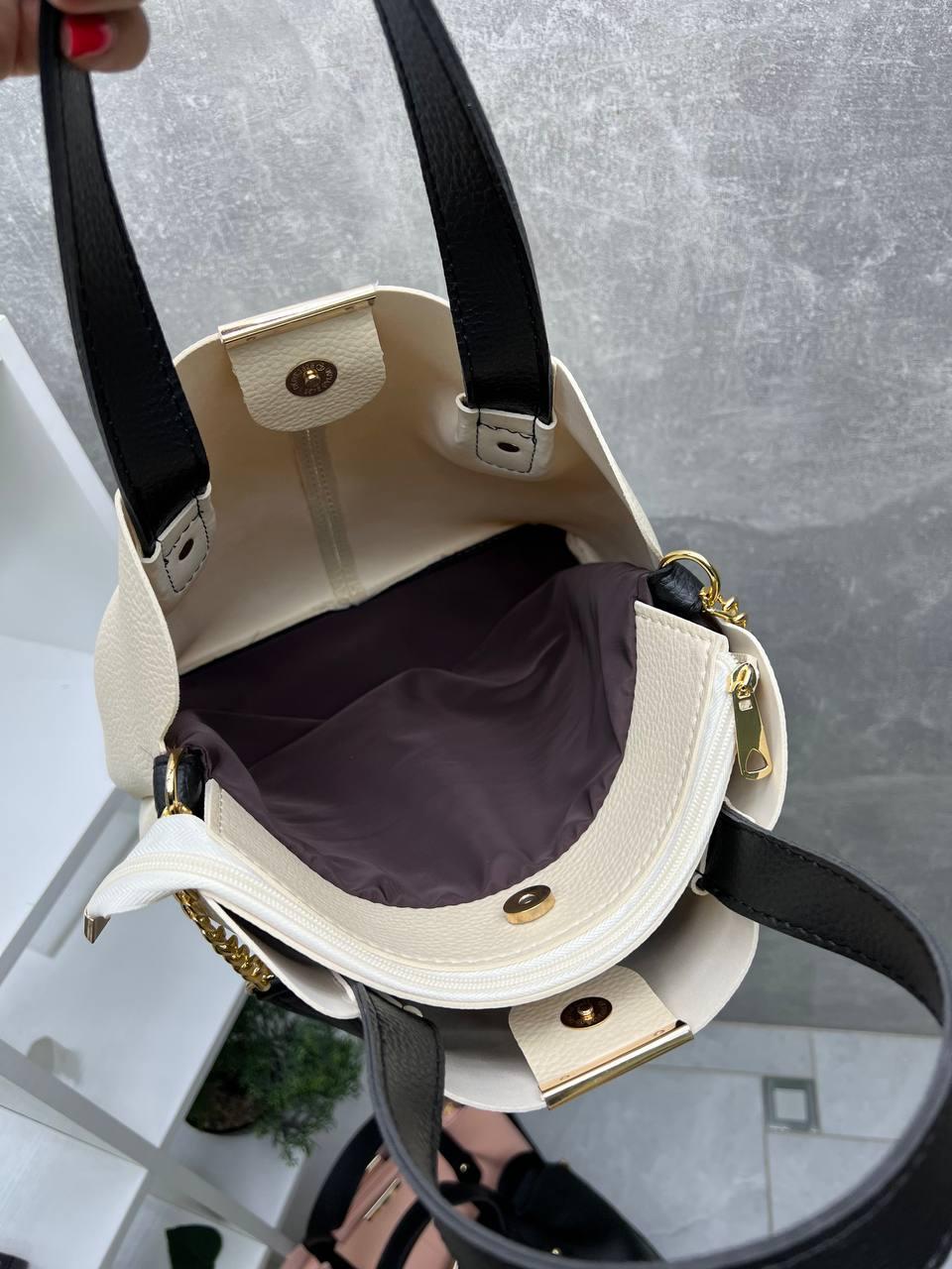 Сумка большая женская элегантная вместительная через плечо из экокожи плечевой ремешок Бежевый с черным - фото 7 Сумка большая женская элегантная вместительная через плечо из экокожи плечевой ремешок Бежевый с черным - фото 7