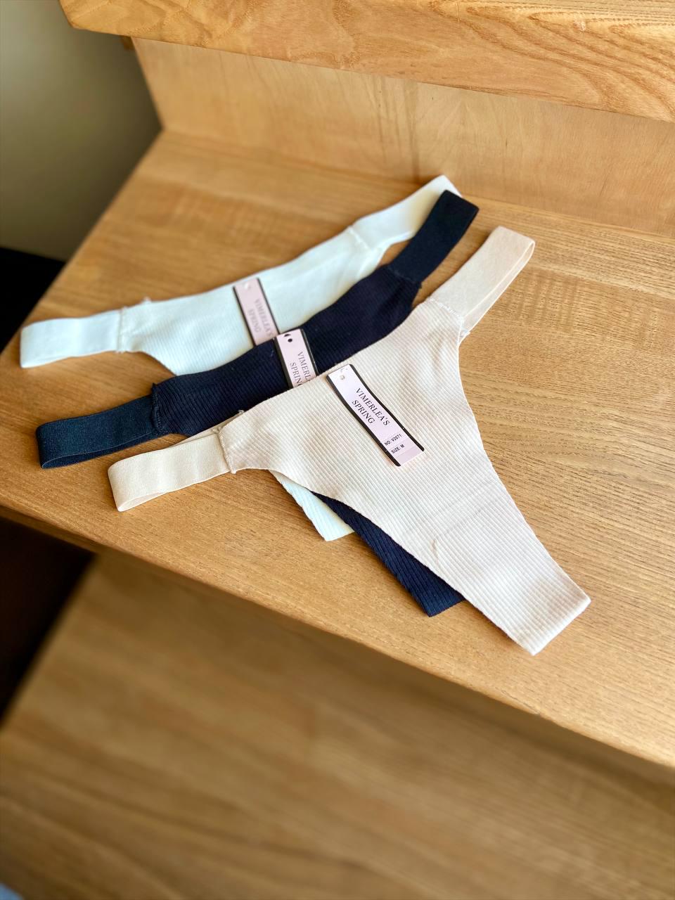 Трусы стринги из натурального коттона в рубчик, лазерная обработка краев набор 3 шт. M (V2071)