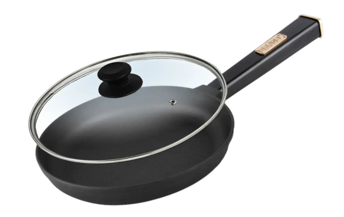 Сковорода чугунная Optima Brizoll со стеклянной крышкой и деревянной ручкой Black 240x40 мм