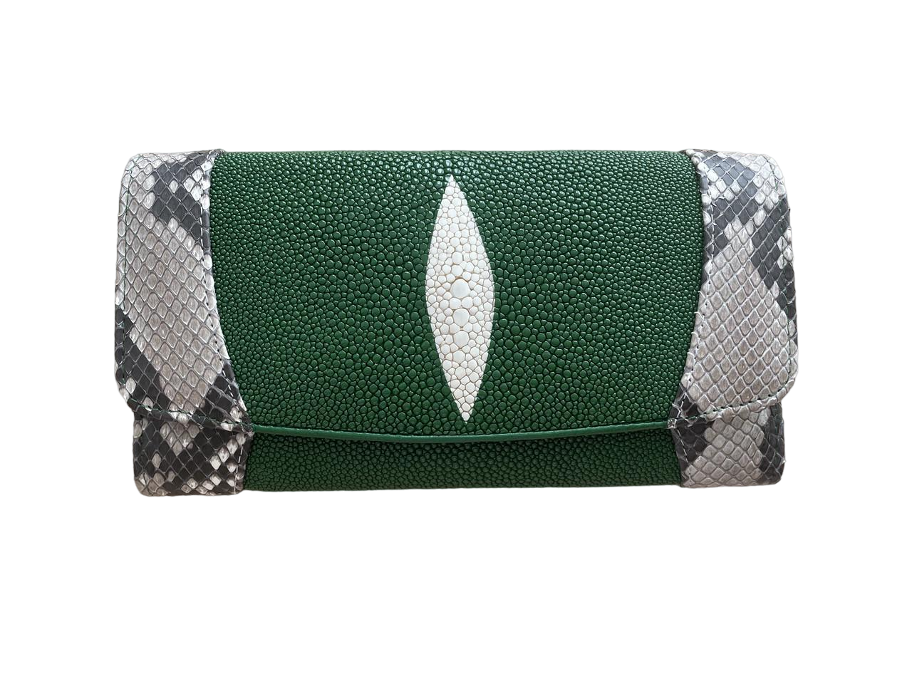 Кошелек из кожи ската с питоном Зеленый