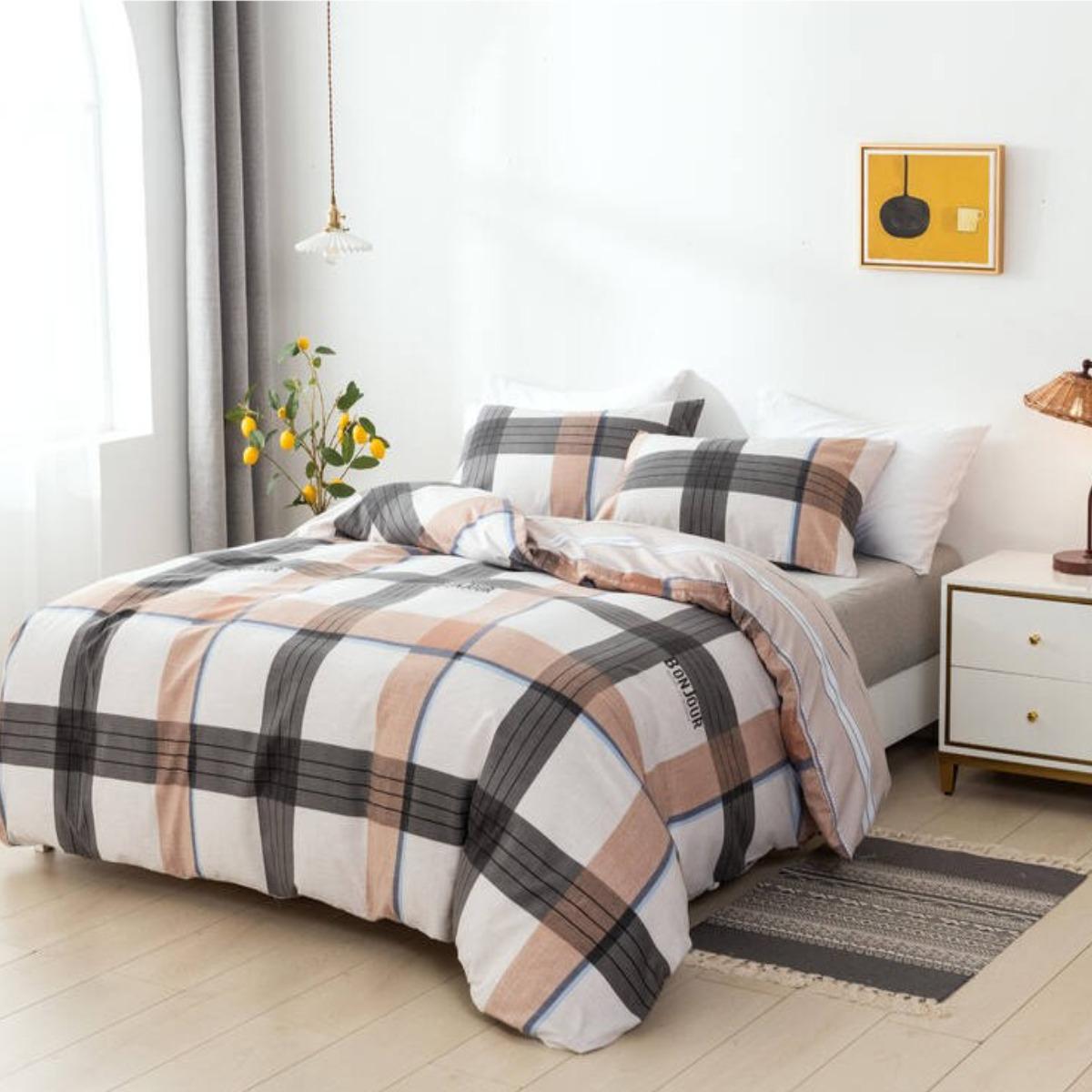 Комплект постільної білизни ZMW Home Textiles Клітинка сатин полуторний Сіро-помаранчевий (37469)