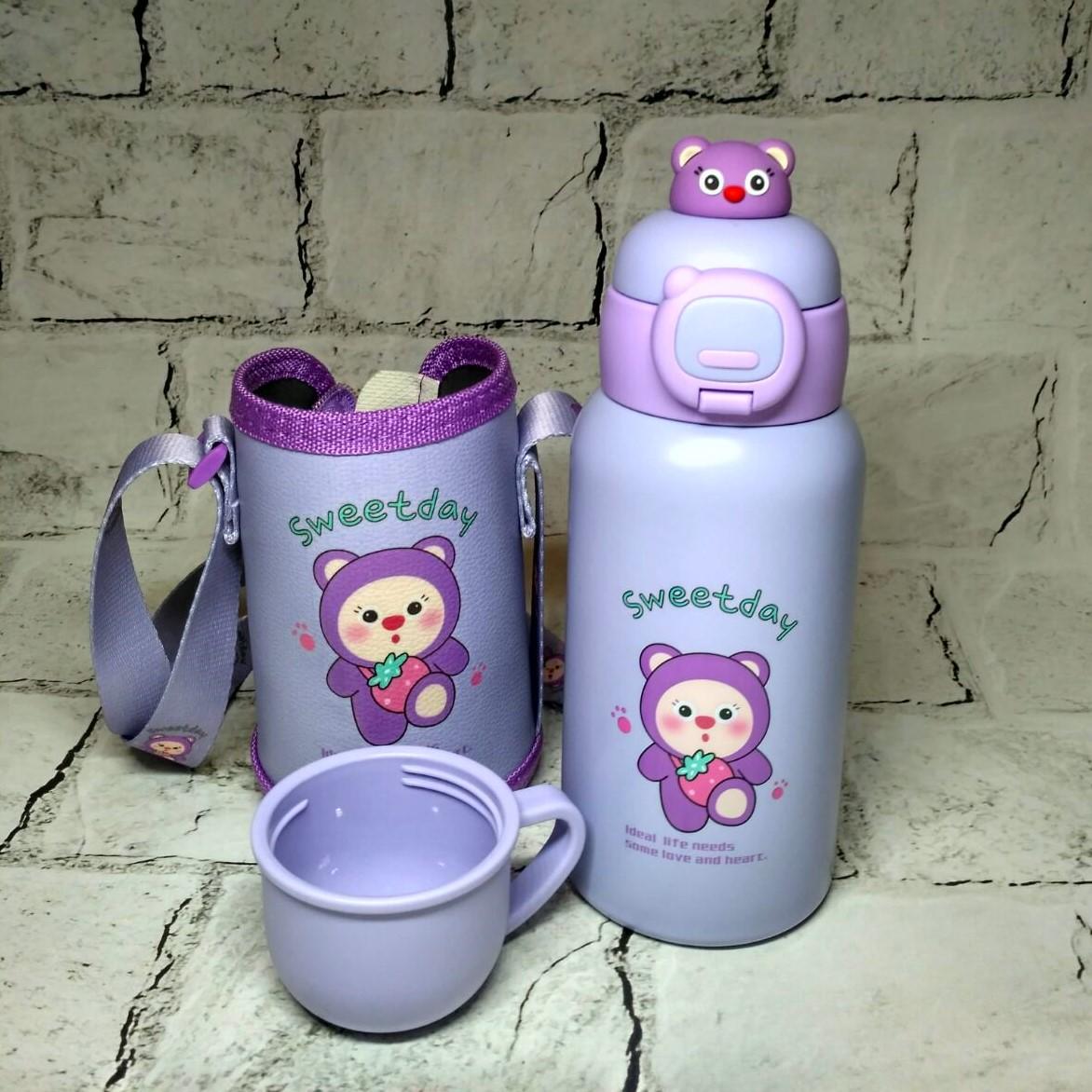 Термос детский с трубочкой и ремешком в чехле Мишка 500 мл 20х9 см Сиреневый (H-252-S)