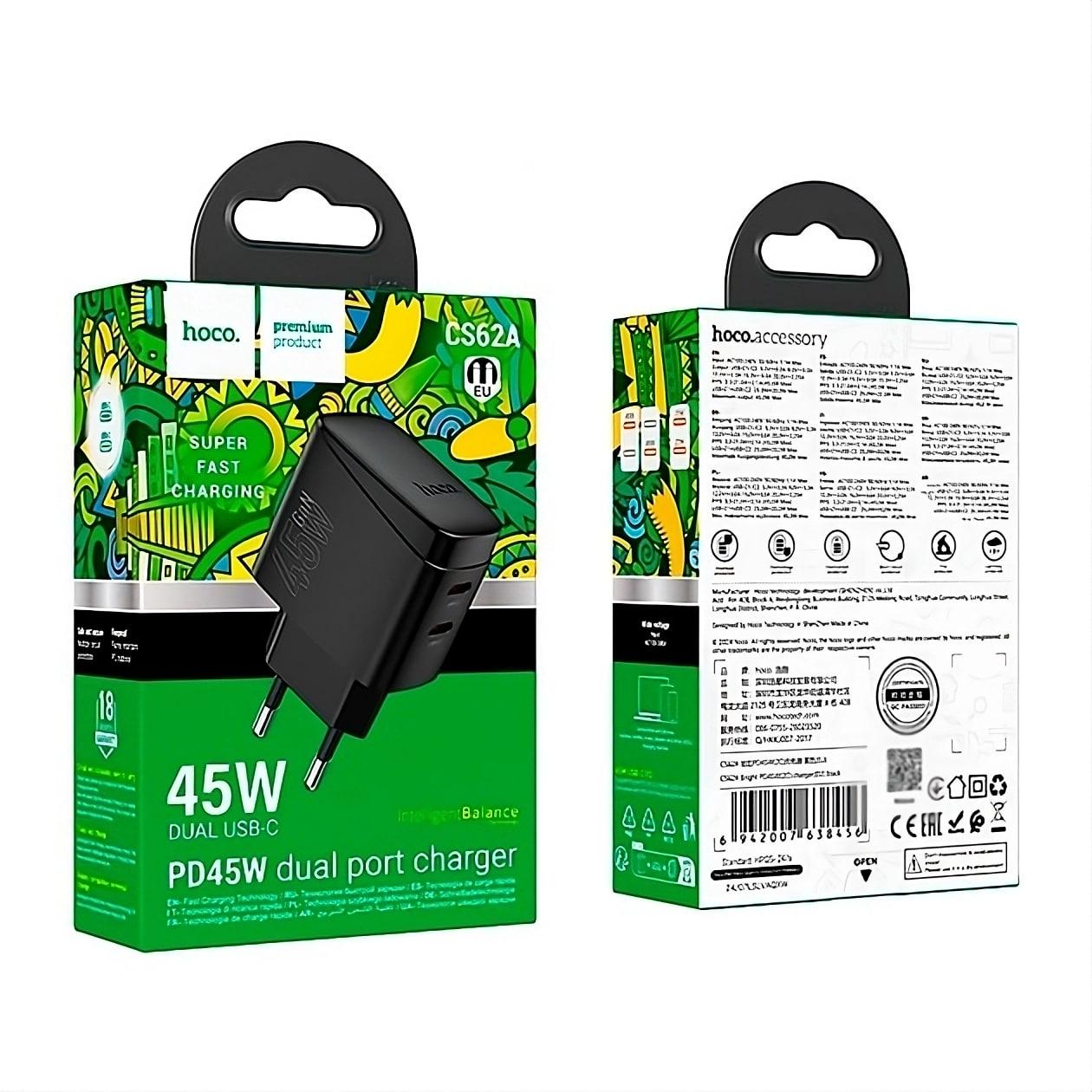 Зарядное устройство сетевой Hoco PD45W 2xType-C GaN Black (CS62A) - фото 2