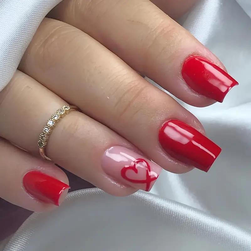 Накладные ногти с сердцем квадрат средней длины с клеевыми пластинами 24 шт. Алый (2789190676) - фото 2