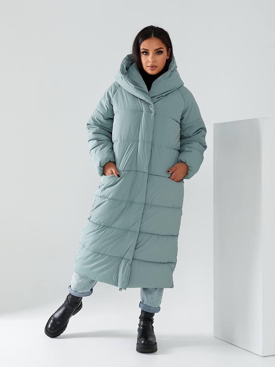 Пальто-пуховик довге на кнопках Аiza А521 р. 46-48 Морозна шавлія - фото 1