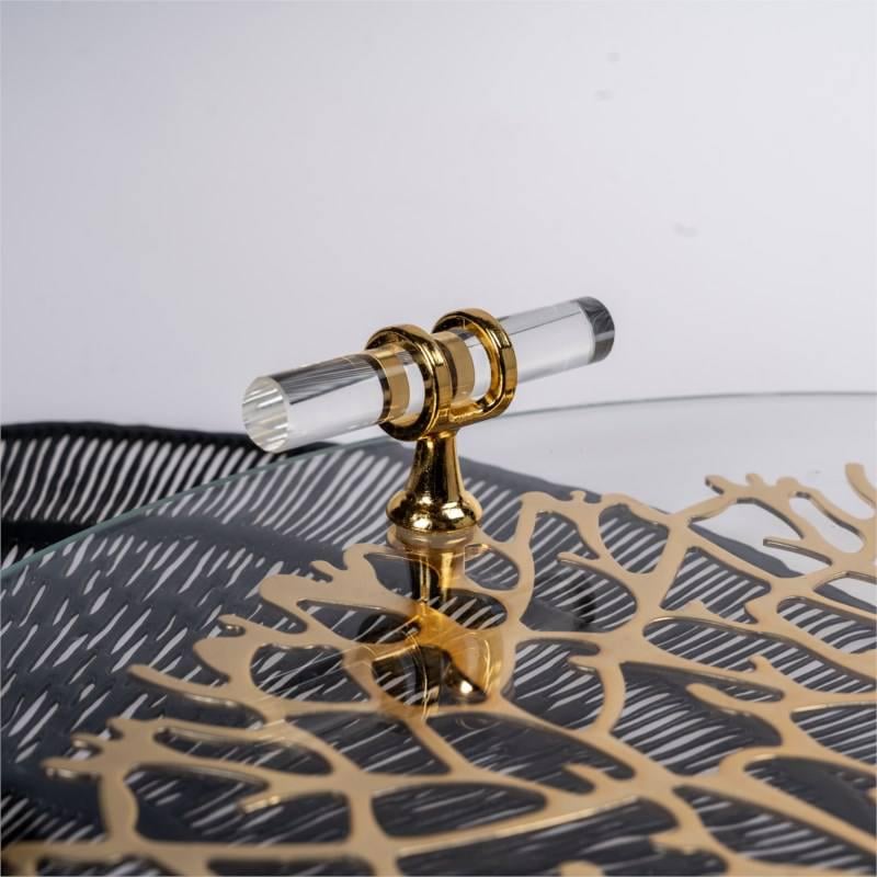 Підставка скляна на ніжках із золотим металевим декором Корали із ручками 35 см Золотистий (S-716) - фото 2 Підставка скляна на ніжках із золотим металевим декором Корали із ручками 35 см Золотистий (S-716) - фото 2