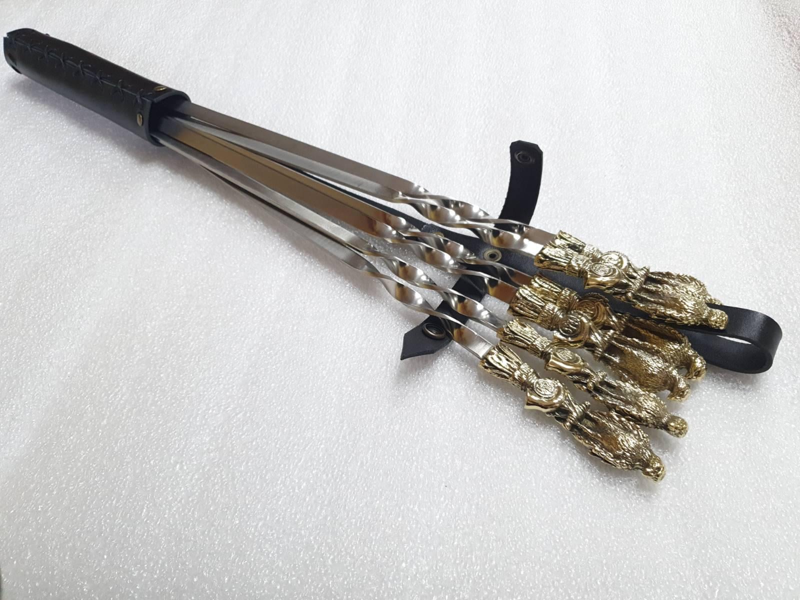 Набор шампуров ручной работы Птицы с трезубцем в кожаном колчане 60 см 6 шт. Бронзовый (470013)