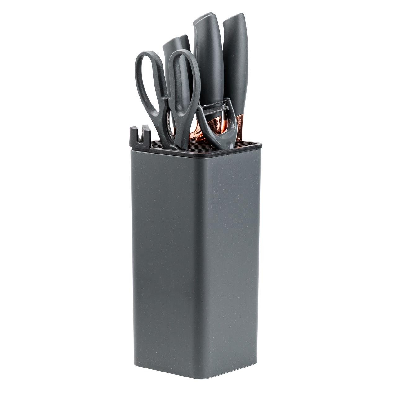 Набір кухонних ножів з ножицями та овочечисткою на підставці 5 штук Чорний