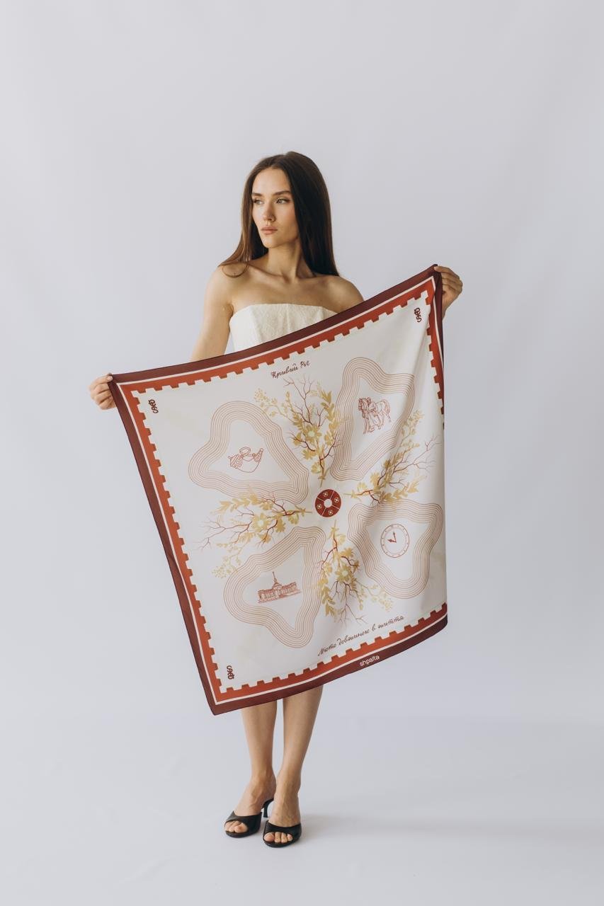 Платок Кривой рог шелковый 55х55 см Красно-бежевый - фото 5 Платок Кривой рог шелковый 55х55 см Красно-бежевый - фото 5