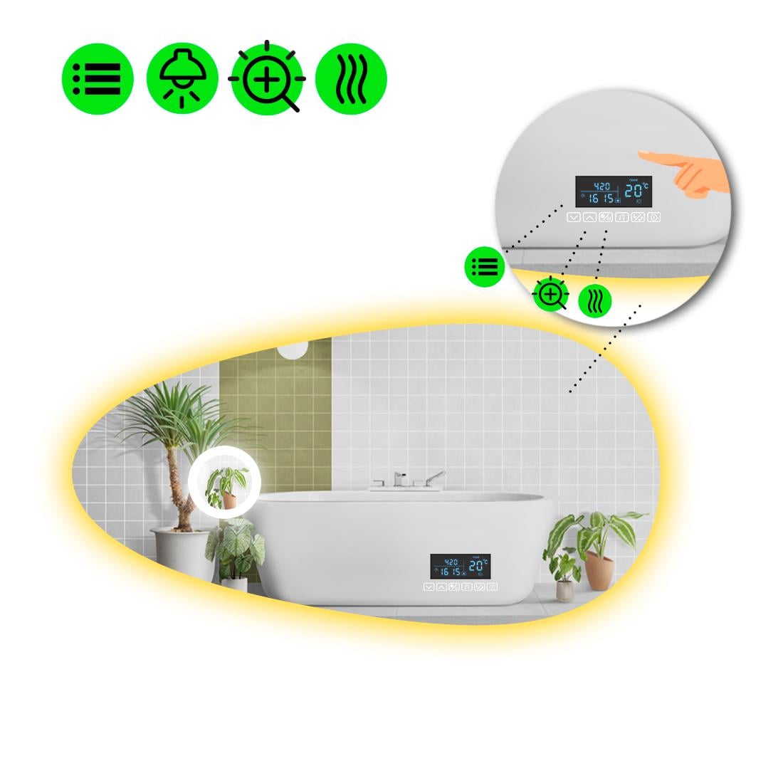 Зеркало с LED подсветкой Occhio 2 с Smart-блоком/линзой с подсветкой и подогревом 70x140 см (Occhio2-85)