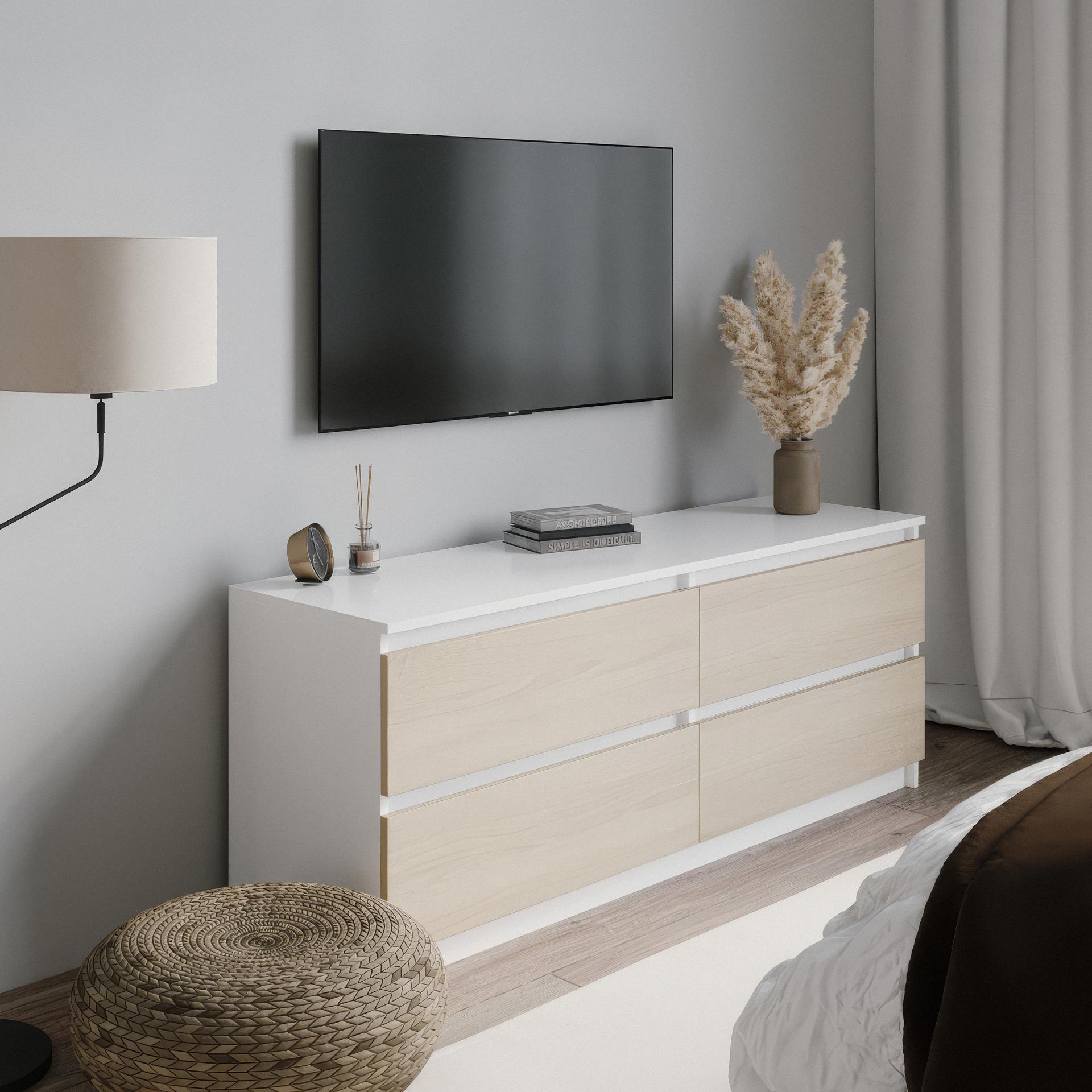 Тумба под телевизор на 4 ящика без ручек FT-223 1400x400x530 мм Белый/Дуб Сонома