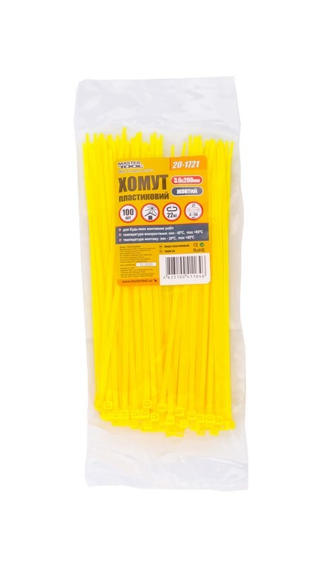 Хомут пластиковий MasterTool 3,6х200 мм 100 шт. Жовтий (20-1721) Хомут пластиковий MasterTool 3,6х200 мм 100 шт. Жовтий (20-1721)
