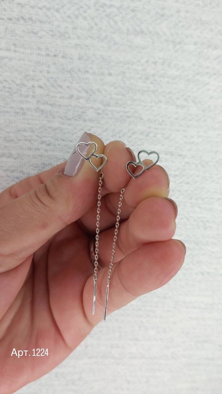 Серьги серебряные протяжки Два сердечка одинарные 925 проба (26943753) - фото 2 Серьги серебряные протяжки Два сердечка одинарные 925 проба (26943753) - фото 2