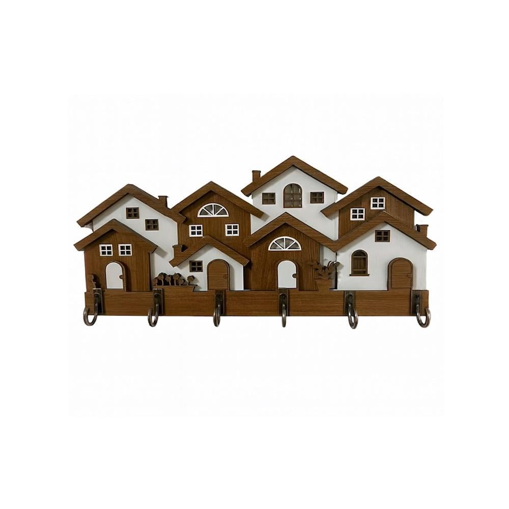 Ключниця 2D Будиночки з 5 гачками 22х11,5 см Коричневий/Білий (3000004024)