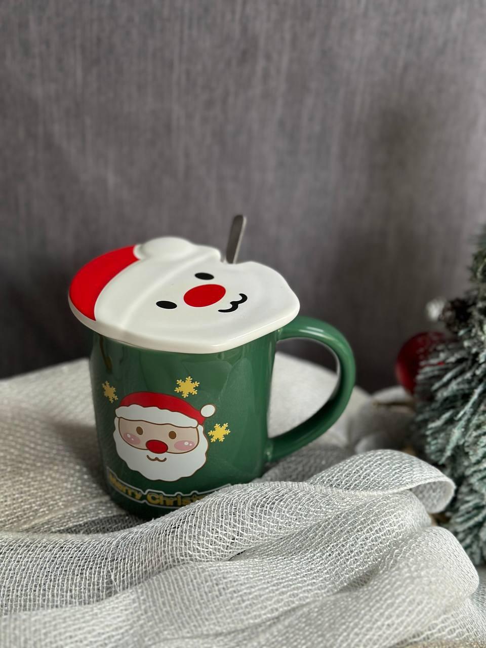 Чашка Olens 102-1059-2 Новогодняя 2024 керамика с крышкой и ложкой 380 мл Зеленый (2786910382)