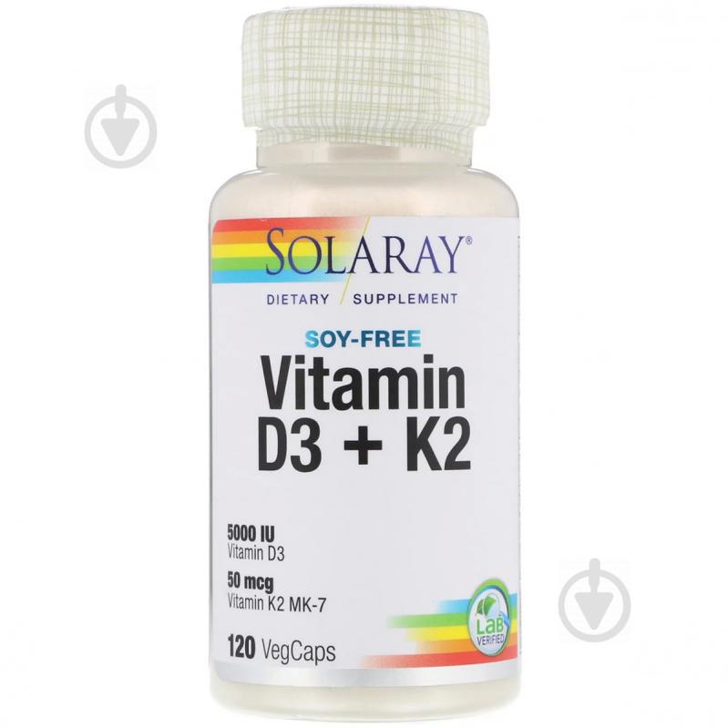 Витамин D3+K2, Soy-Free Vitamin D3 + K2, Solaray, 120 вегетарианских капсул