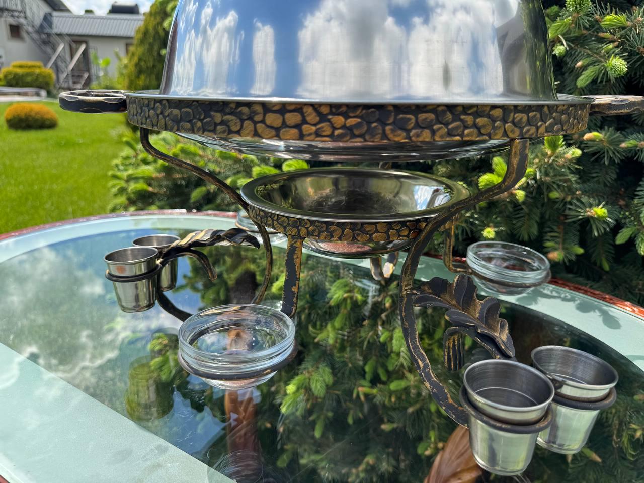 Садж для подачі шашлику камінь з підігрівом 3 соусниці 6 чарок 36 см - фото 2