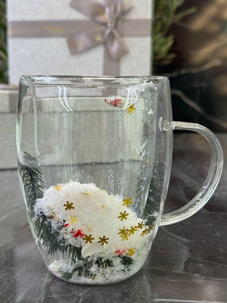 Кружка новогодняя Милый снеговик с двойным дном стеклянная 300 мл (8030-543)