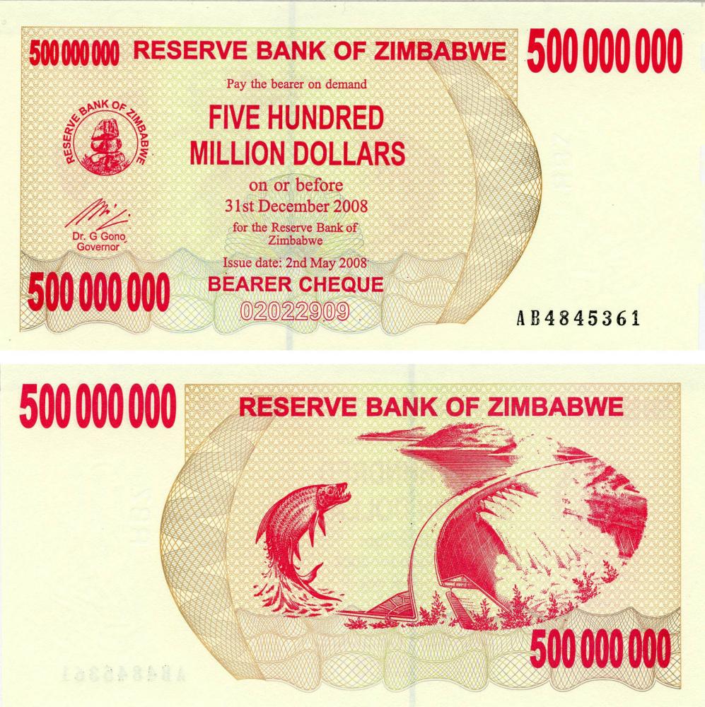 Коллекционная банкнота Зимбабве 500000000 долларов 2008 UNC 500 миллионов Рыба Чек P60 (Б03490)