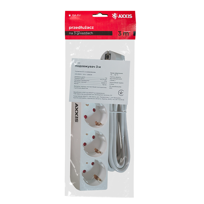 Удлинитель Axxis Optima Base 3 3 м провод 3х0,75 кв. мм White (ax-1272) - фото 2