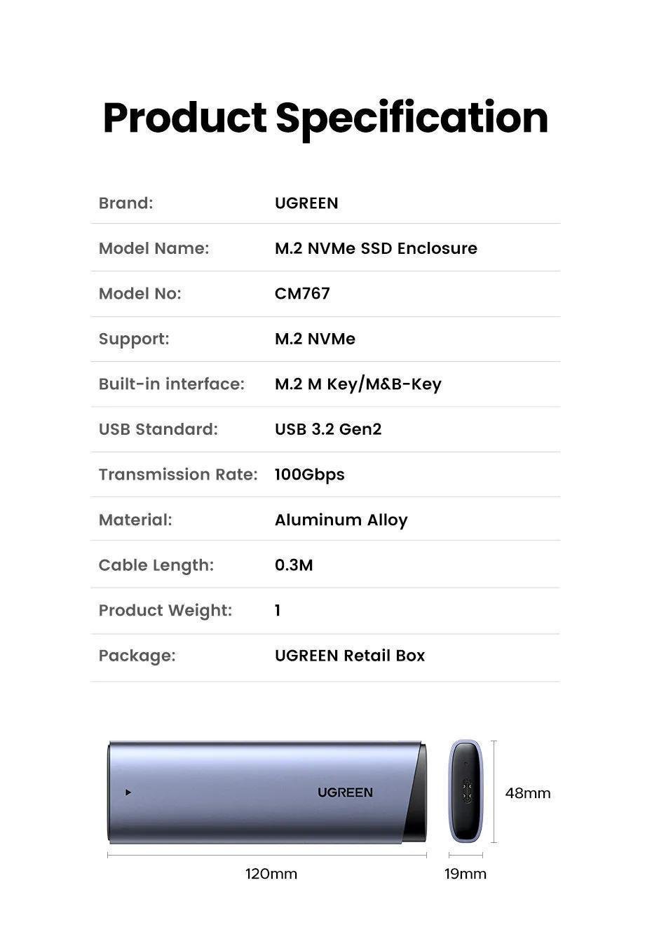 Зовнішній SSD курпус UGREEN M.2 NVMe USB 3.2 Gen2 10 Гбіт/с алюмінієвий Сірий (35267) - фото 9 Зовнішній SSD курпус UGREEN M.2 NVMe USB 3.2 Gen2 10 Гбіт/с алюмінієвий Сірий (35267) - фото 9