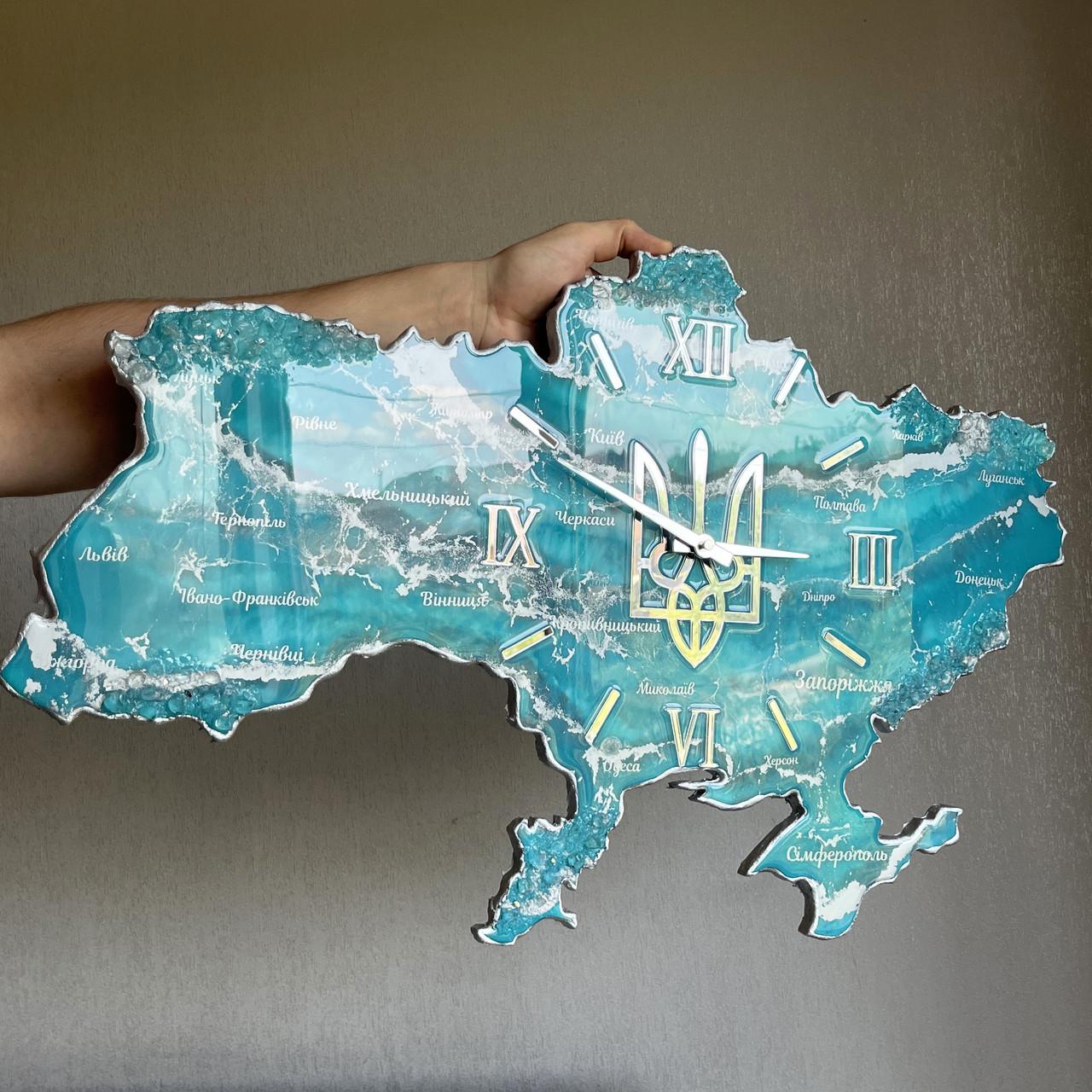 Часы настенные из эпоксидной смолы Карта Украины 50x32 см