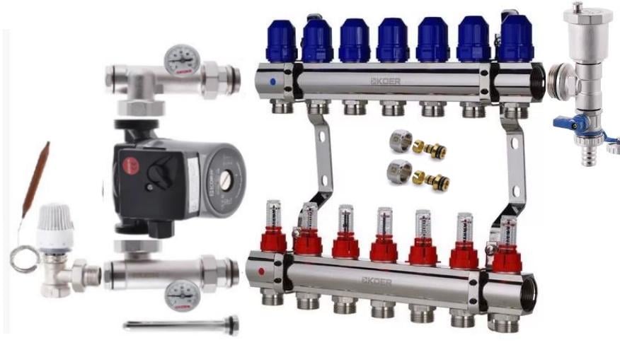 Коллектор для теплого пола KOER 7 контуров угловой комплект (9119302)