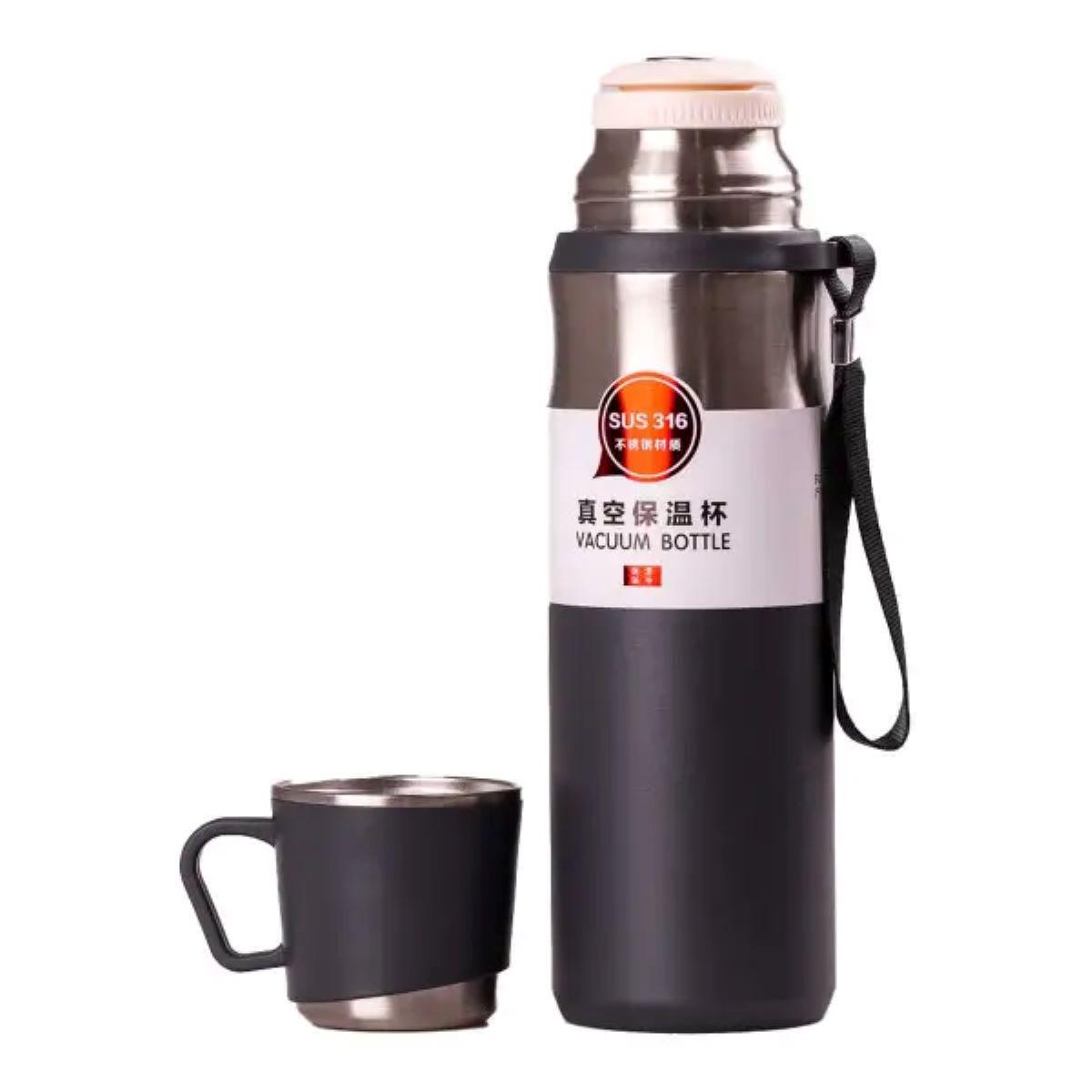 Термос с чашкой и ремешком с металлической колбой 0,6 л Серый (3377)