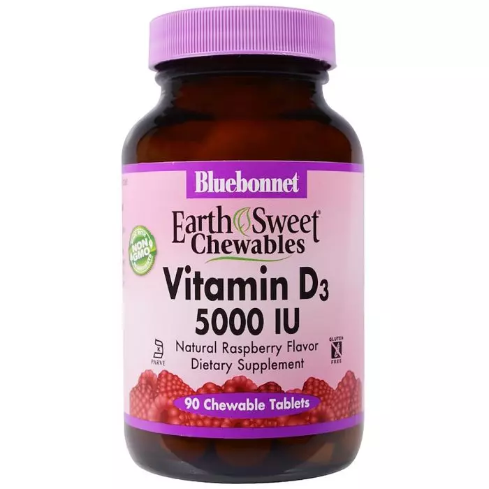 Вітамін D3 5000IU Earth Bluebonnet Nutrition Sweet Chewables смак малини 90 жувальних таблеток (BLB0366)