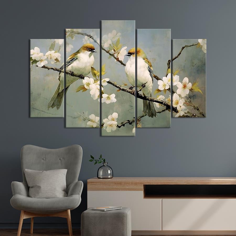 Картина на холсте Пара птиц на ветке с белыми цветами 137x85 см (V324-5_L)