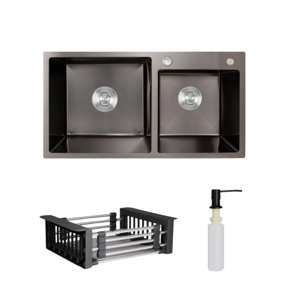 Мойка для кухни с двумя чашами интегрированная Lidz Handmade H7843 Black PVD дозатор/корзина для кухонной мойки Lidz K01B (SD00053656)