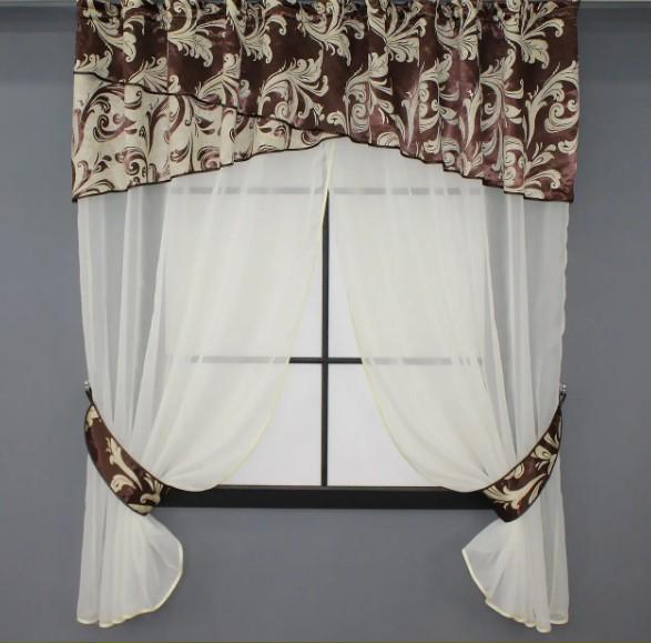 Занавеска на кухню 270х170 см Молочный/Коричневый (091к) Занавеска на кухню 270х170 см Молочный/Коричневый (091к)