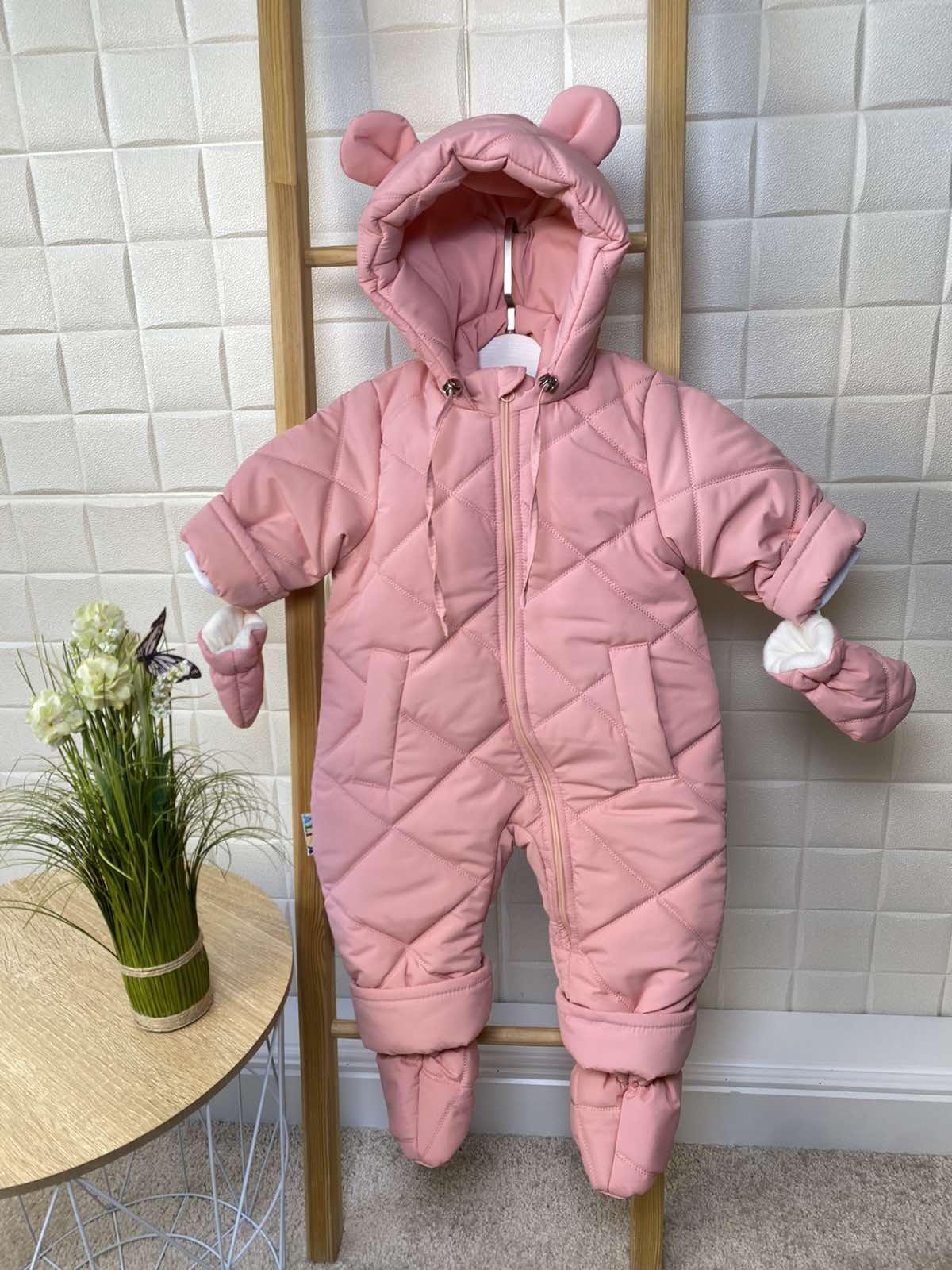 Детский зимний комбинезон с пинетками и перчатками 80 см Пудровый (21336)