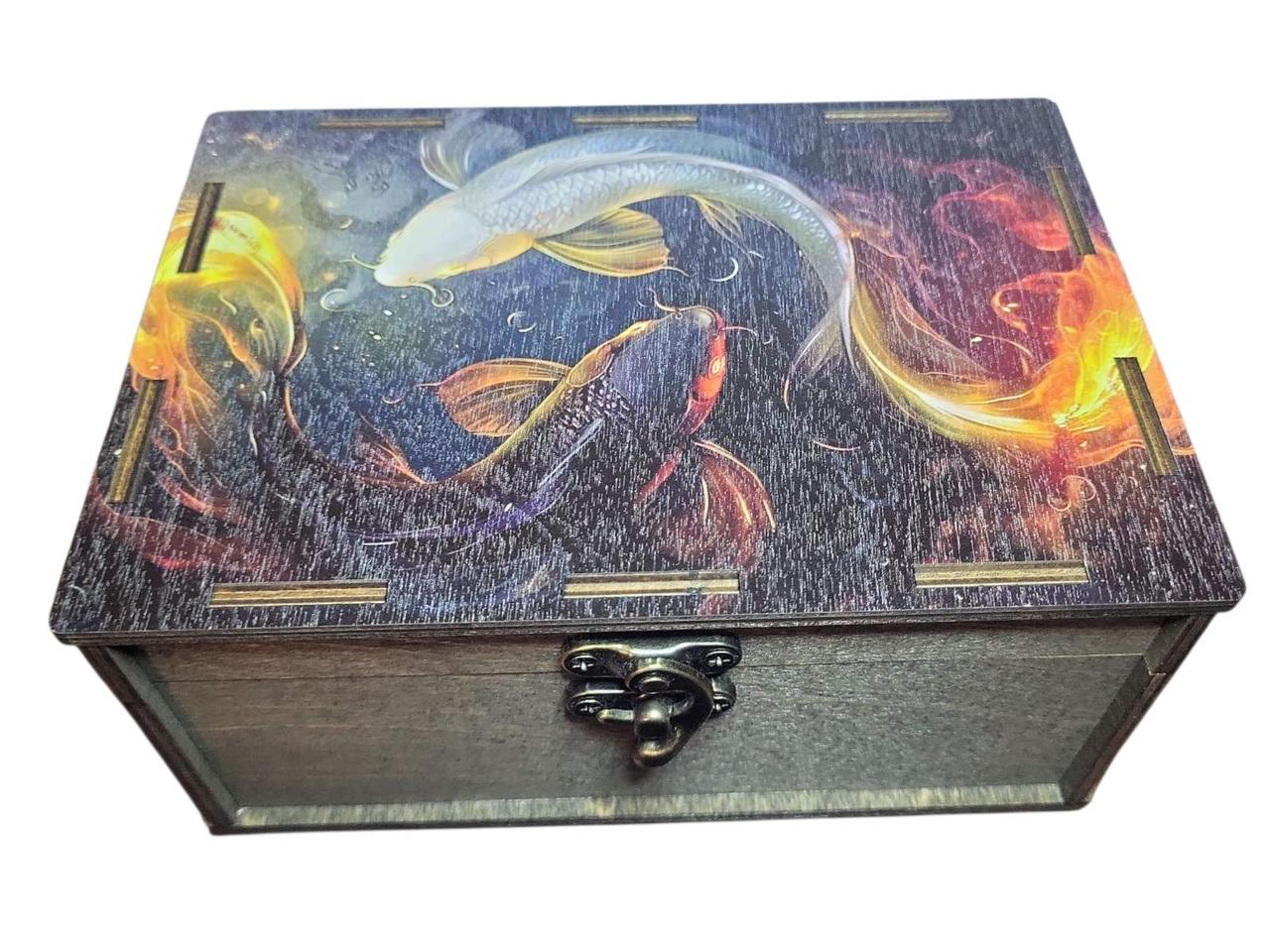 Коробочка деревянная для карт таро Рыбы Инь-янь 17х12х7,6 см Коричневый