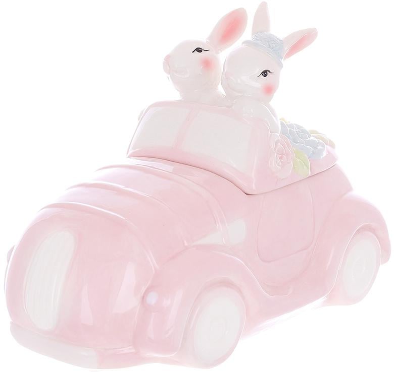 Банка керамическая для печенья и сладостей с принтом кролики в машине 1700 мл Розовый