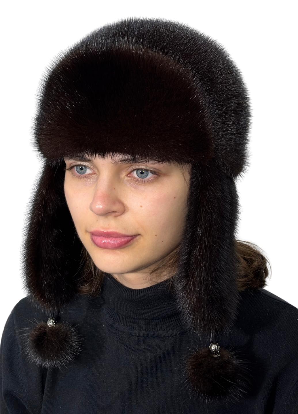 Шапка женская Меховой стиль Комбинированная Ушанка из натурального меха норки M/L Коричневый (058/G)