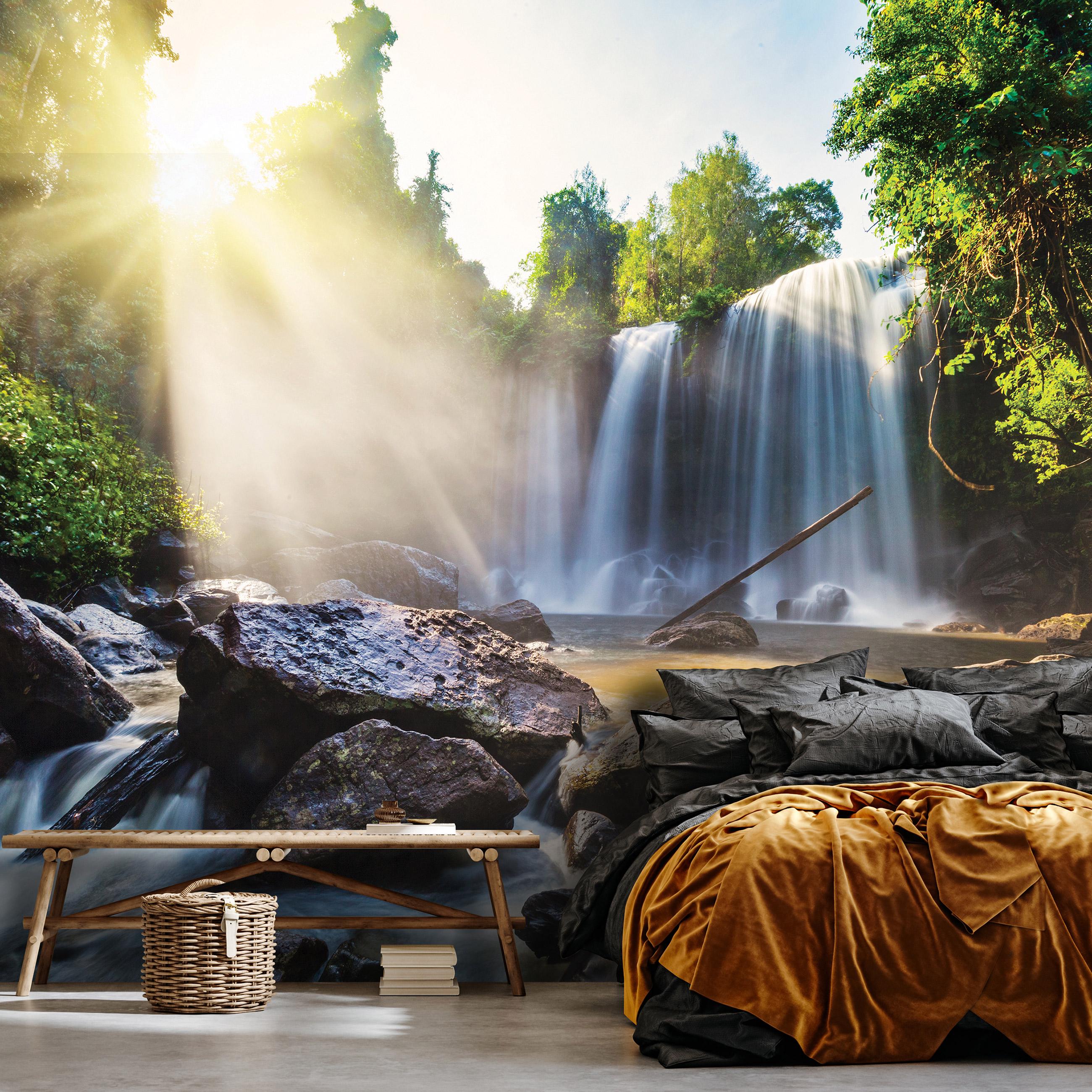 Фотообои флизелиновые 3D Природа Пейзаж Большие камни и водопад с клеем 368x254 см (14618V8)