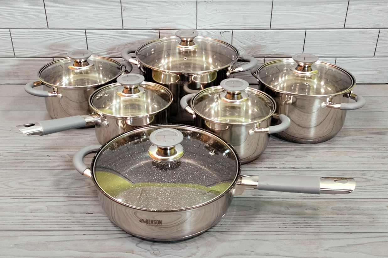 Набор кастрюль Benson BN-193 из нержавеющей стали с многослойным дном 12 пр. 2,1/2,9/3,9/6,5 л Серебристый (BN-193)